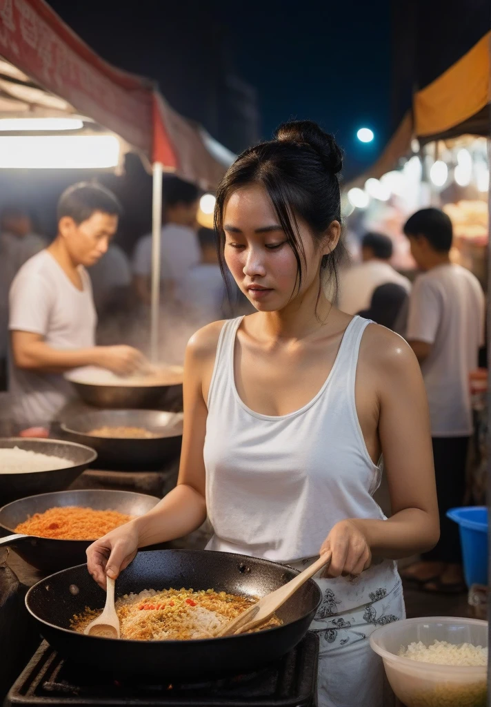 Realistic image of a Malaysian woman (slightly curvy), long black hair (messy low bun), cooking at a night market or roadside stall. The woman was wearing a white tank top (wet with sweat) and a batik cloth around her waist. He looked sweaty and focused on the large frying pan in front of him which contained fried rice or other food which he stirred with a spatula. Around him there were several people queuing or watching the cooking process. The lighting comes from light bulbs hanging above, giving this image the warm and intimate atmosphere of a busy market with several buildings and people inside.