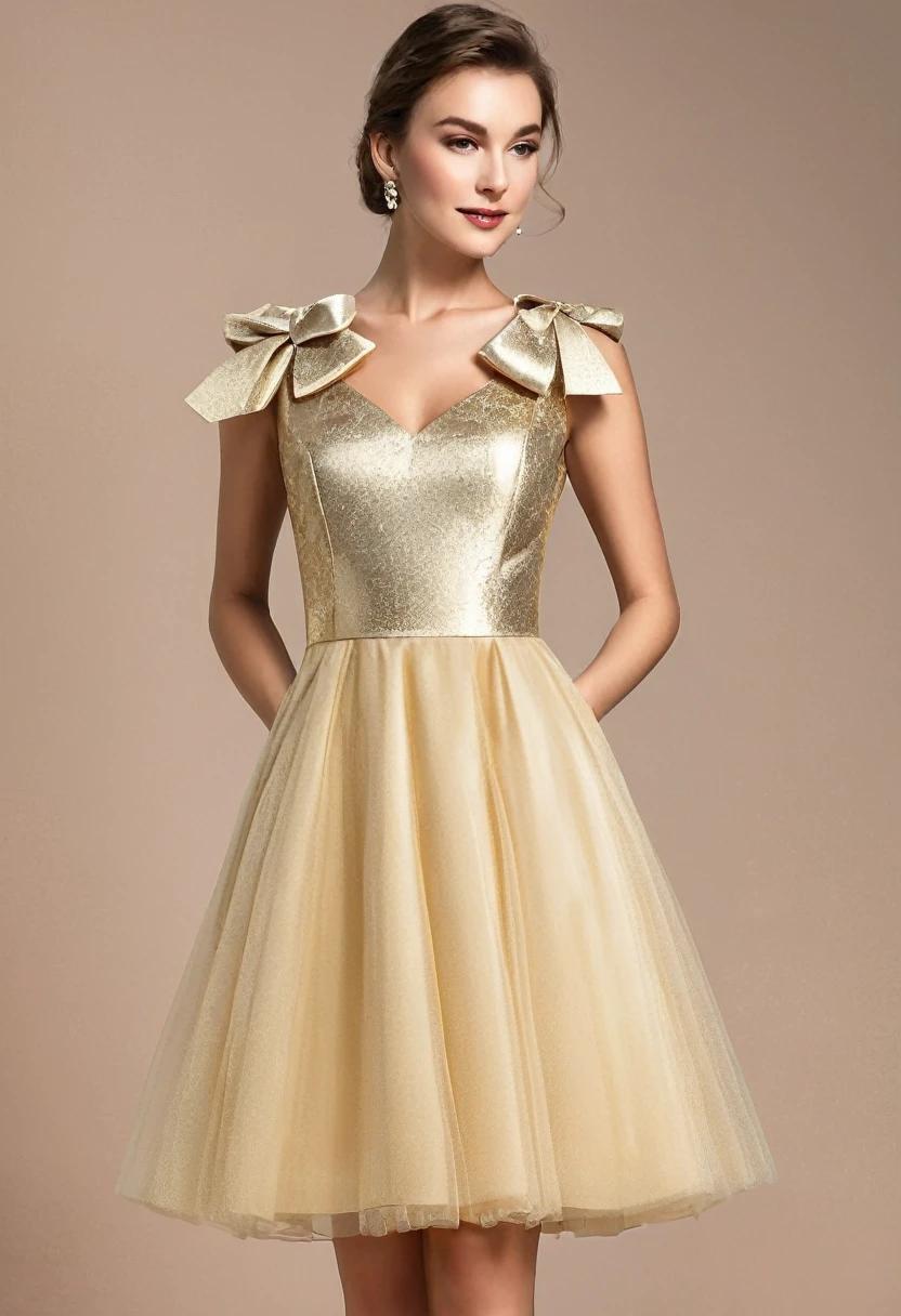 Please design an attractive woman party dress in gold. The dress should be midi-length, made of tulle, and feature bow details on the shoulders. Suitable for a special celebration and should be luxurious and sparkling.