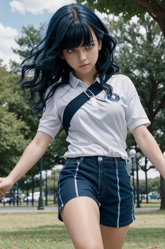 Screenshot of my hero academia. White-skinned girl with slight freckles, somewhat wavy hair with bangs, dark blue hair color, blue eyes, in a park, with piercing on the hour and black painted nails