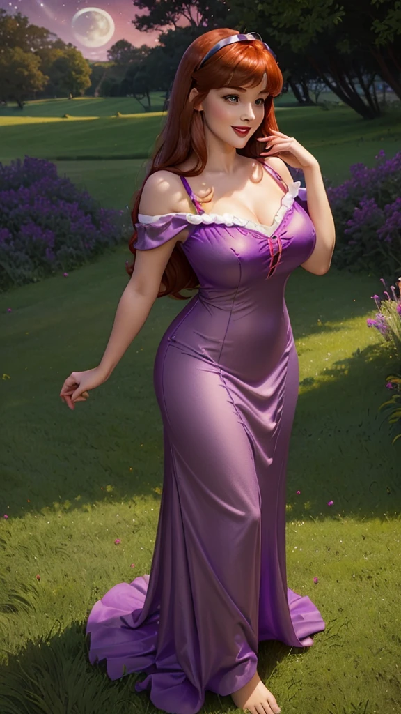 DisneyAurora, 27 years old, full body view Beautiful woman (((shoulder length auburn hair, two side up with bangs))) defined body, voluptuous, sexy, cherry red lipstick, arms by her sides, hands free, happily smiling, standing facing camera((( bright purple nightgown ))), in moonlit grassy field, (large_breasts:1.3) (curvy:1.0)
