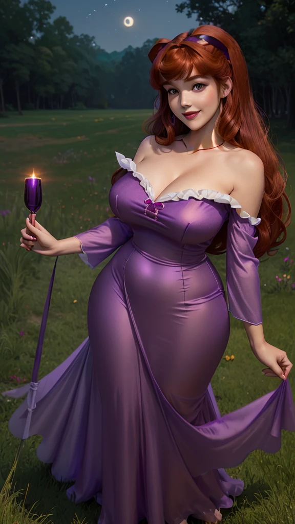 DisneyAurora, 27 years old, full body view Beautiful woman (((shoulder length auburn hair, two side up with bangs))) defined body, voluptuous, sexy, cherry red lipstick, arms by her sides, hands free, happily smiling, standing facing camera((( bright purple nightgown ))), in moonlit grassy field, (large_breasts:1.3) (curvy:1.0)