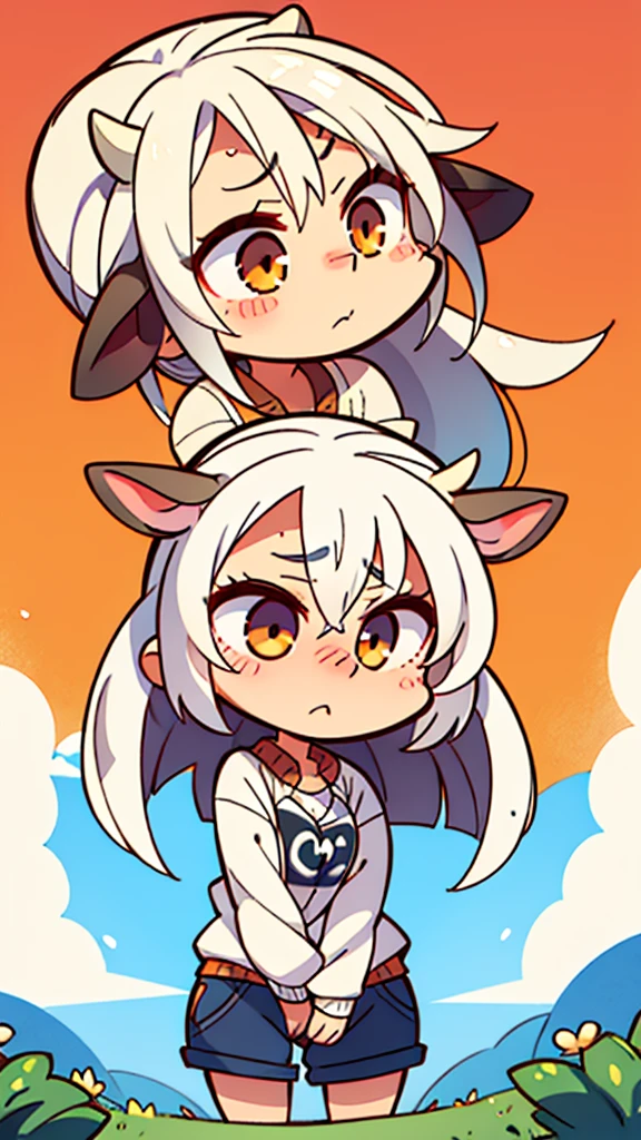 A cow girl, with long straight white hair, orange eyes , ears cow , Cute and tender, Dizzy and blushing Landscape saturated with many letters