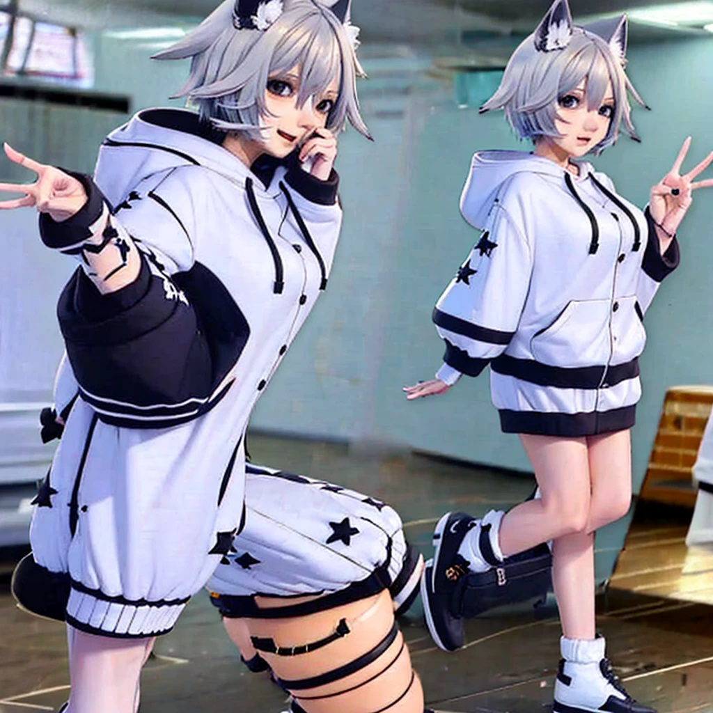 White-haired beautiful girl、Animal Ears、sadist、hoodie、Big Breasts、cute、Low - Angle、condescending、whole body、front、valley、Bare legs、Character portrait、An inappropriate smile、Beautiful eyes