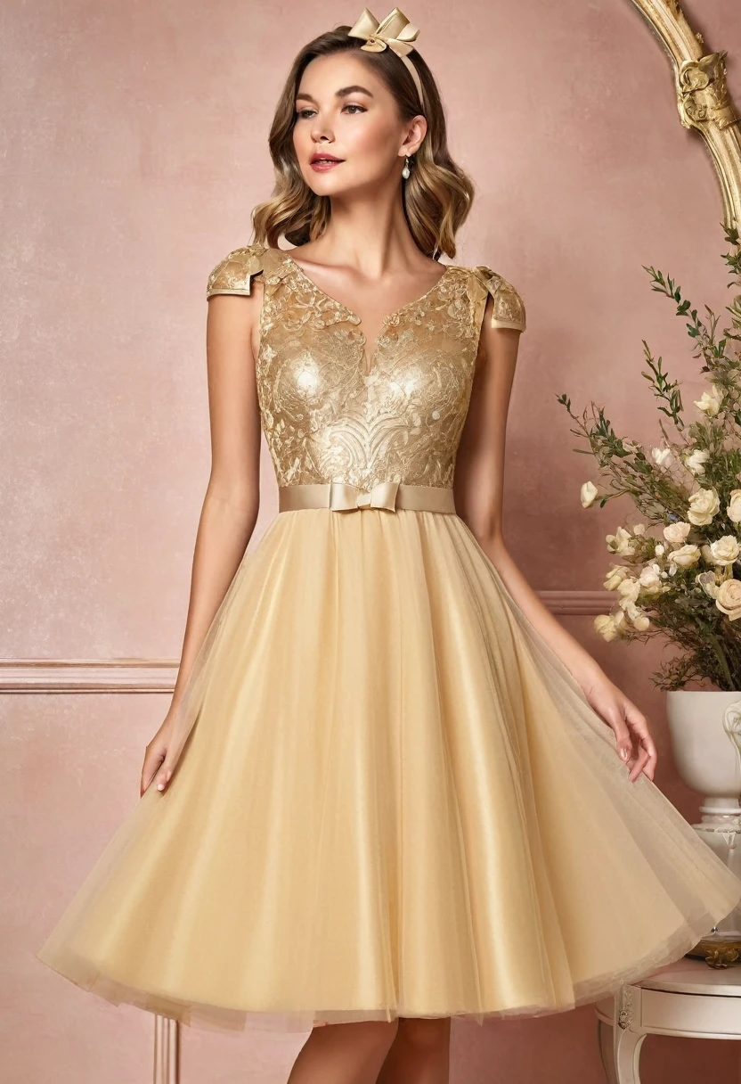 Please design an attractive woman party dress in gold. The dress should be midi-length, made of tulle, and feature bow details on the shoulders. Suitable for a special celebration and should be luxurious and sparkling.