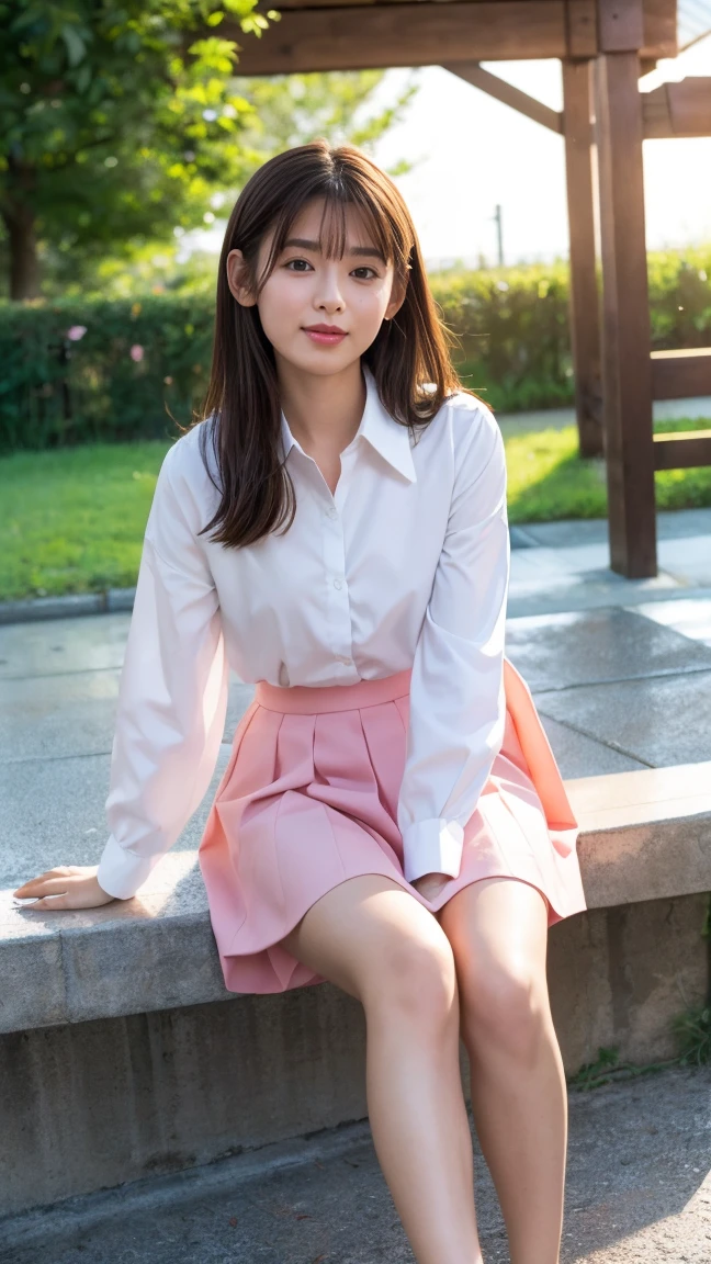 ((((detailed explanation)))),(((masterpiece、Highest quality、Very detailed:1.42、Focus on the eyes)))、Japanese high school girl posing in the schoolyard in the evening。She is wearing a white shirt and a navy blue pleated skirt.、wearing a red ribbon tie。The shirt is clean、Well ironed。Shirt sleeves rolled up slightly to the elbows、A simple silver bracelet shines on her wrist.。The skirt of the uniform is above the knee、The pleats on the skirt are neatly arranged。
The model has naturally straight, shoulder-length black hair.、Bangs should be slightly over the eyebrows。Her hair is bathed in the sunlight、Soft and shining。His face is well-formed.、大きな瞳はShe has a pure and bright expression.。Her skin is translucently white、The slightly reddish cheeks give a healthy impression.。唇は自然なpink色で、When you smile, small dimples appear。
In the background is a large schoolyard.、You can see some rusty iron bars and playground equipment.。The sky is dyed with the sunset、orange、pink、The purple gradation spreads beautifully.。There is a large cherry blossom tree behind the model.、The leaves are swaying in the wind。There are some weeds growing at my feet.、Gives a sense of reality。
The lighting is soft and natural, gently enveloping the model.、Warm hues illuminate her face and uniform.。She has a natural smile、Her left hand is lightly lifting the edge of her skirt。The right hand is placed on the hip、The pose is relaxed yet somewhat confident.。Her eyes are on the camera、She has a pure and bright expression.。
Overall、A fusion of the freshness of youth and the calm atmosphere of the evening.、The aim is to create an elegant yet approachable photographic image.。