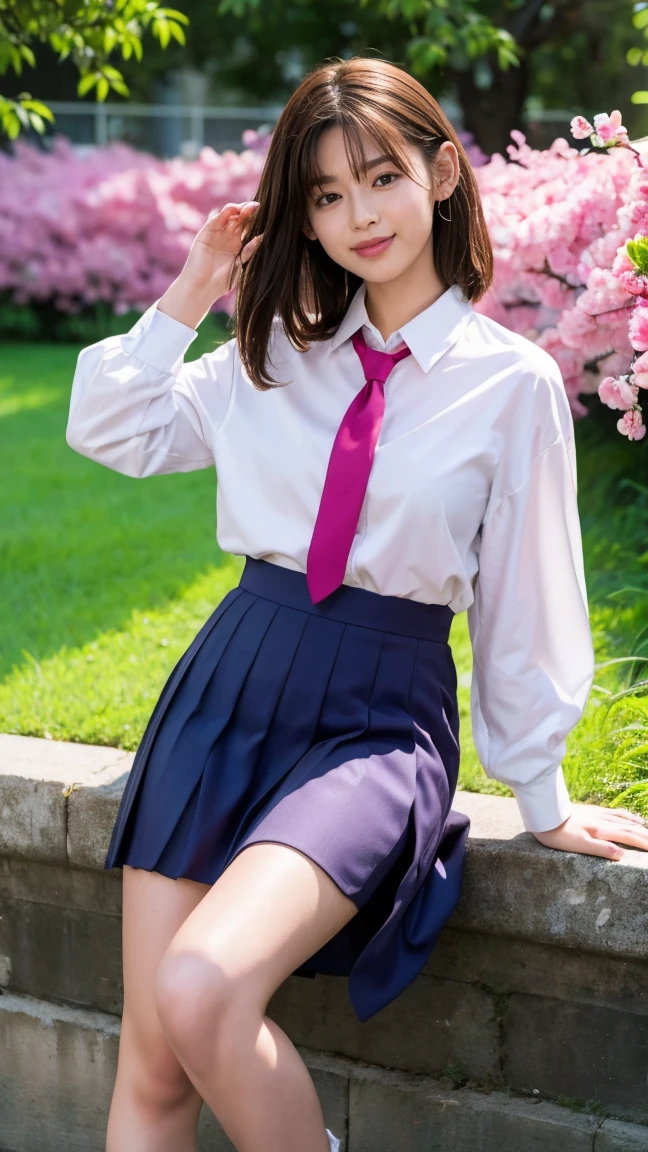 ((((detailed explanation)))),(((masterpiece、Highest quality、Very detailed:1.42、Focus on the eyes)))、Japanese high school girl posing in the schoolyard in the evening。She is wearing a white shirt and a navy blue pleated skirt.、wearing a red ribbon tie。The shirt is clean、Well ironed。Shirt sleeves rolled up slightly to the elbows、A simple silver bracelet shines on her wrist.。The skirt of the uniform is above the knee、The pleats on the skirt are neatly arranged。

The model has naturally straight, shoulder-length black hair.、Bangs should be slightly over the eyebrows。Her hair is bathed in the sunlight、Soft and shining。His face is well-formed.、大きな瞳はShe has a pure and bright expression.。Her skin is translucently white、The slightly reddish cheeks give a healthy impression.。唇は自然なpink色で、When you smile, small dimples appear。

In the background is a large schoolyard.、You can see some rusty iron bars and playground equipment.。The sky is dyed with the sunset、orange、pink、The purple gradation spreads beautifully.。There is a large cherry blossom tree behind the model.、The leaves are swaying in the wind。There are some weeds growing at my feet.、Gives a sense of reality。

The lighting is soft and natural, gently enveloping the model.、Warm hues illuminate her face and uniform.。She has a natural smile、Her left hand is lightly lifting the edge of her skirt。The right hand is placed on the hip、The pose is relaxed yet somewhat confident.。Her eyes are on the camera、She has a pure and bright expression.。

Overall、A fusion of the freshness of youth and the calm atmosphere of the evening.、The aim is to create an elegant yet approachable photographic image.。
