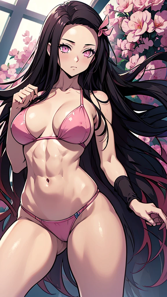 ((masterpiece)), ((best quality)), 1girl, anime girl with long black hair, Pink hair at the end, Pink Big Cat Eyes, , Extremely Detailed eyes, Extremely Detailed Stomach, Abs, Wearing Bikini, Nezuko From Demon slayer, Nezuko