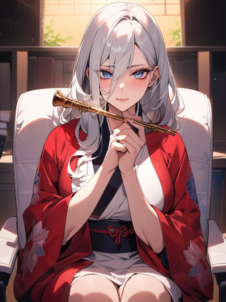 Pretty plush woman, older, mature, Powerful Aura, masterpiece, Long white hair, red at end of hair, Blue eyes, Wearing beautiful Japanese white and red robes, Sitting in chair holding golden pipe, tattoos on her hands, well endowed, Beautiful fantasy office, Looking at camera, Headshot, leaning back in her chair, warm yellow lighting