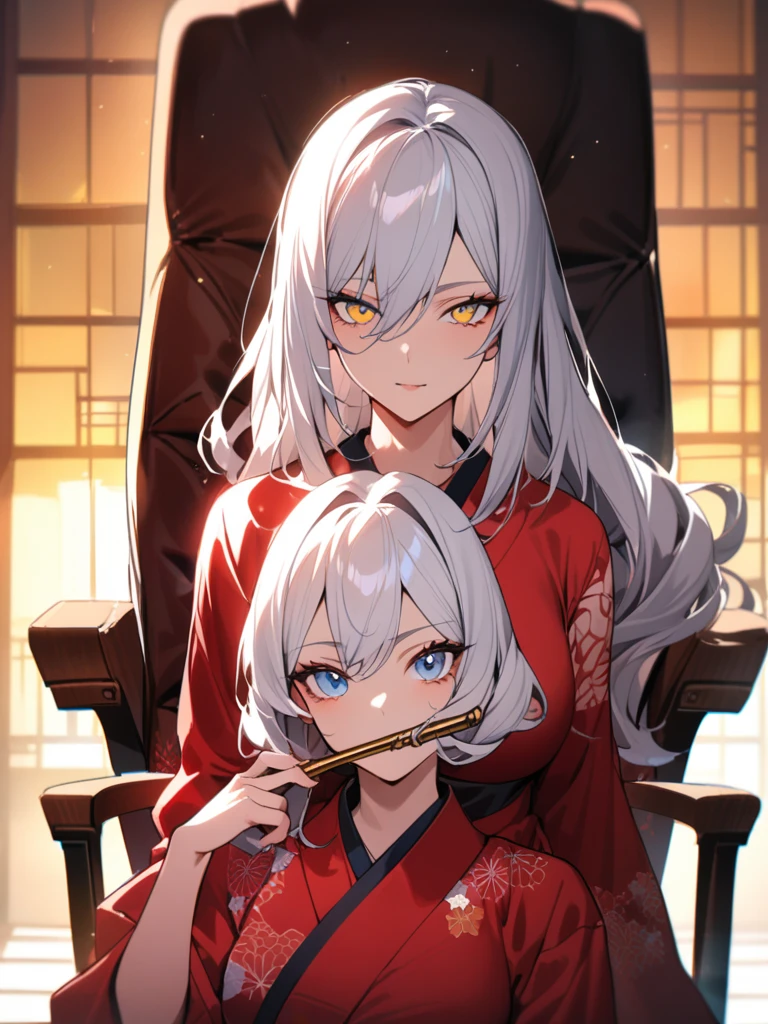 Pretty plush woman, older, mature, Powerful Aura, masterpiece, Long white hair, red at end of hair, Blue eyes, Wearing beautiful Japanese white and red robes, Sitting in chair holding golden pipe, tattoos on her hands, well endowed, Beautiful fantasy office, Looking at camera, Headshot, leaning back in her chair, warm yellow lighting