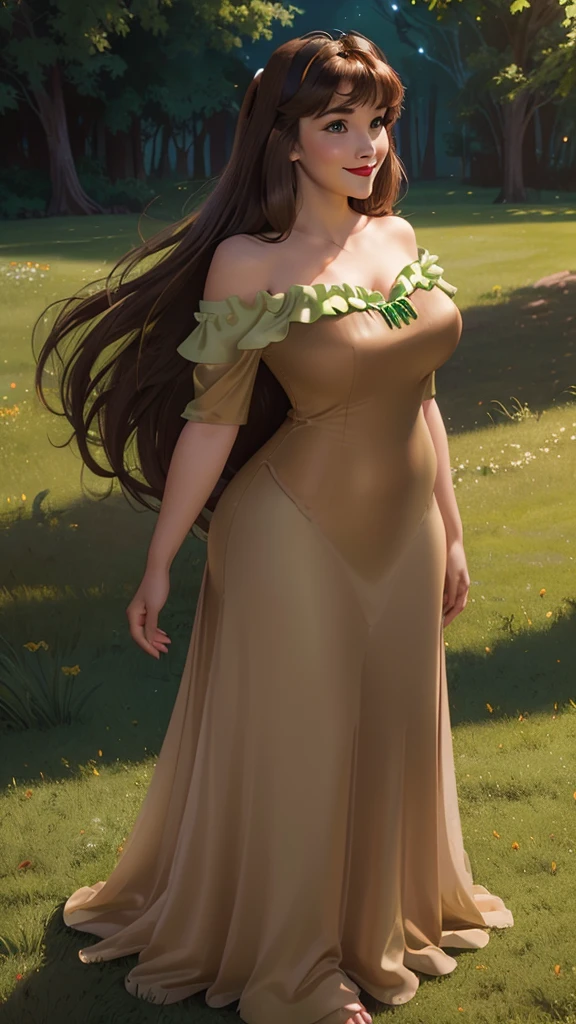 DisneyAurora, 27 years old, full body view Beautiful woman (((shoulder length light brown brown hair, two side up with bangs))) defined body, voluptuous, sexy, cherry red lipstick, arms by her sides, hands free, happily smiling, standing facing camera((( bright green nightgown ))), in moonlit grassy field, (large_breasts:1.3) (curvy:1.0)
