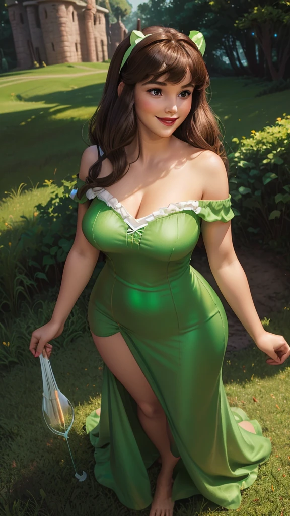 DisneyAurora, 27 years old, full body view Beautiful woman (((shoulder length light brown brown hair, two side up with bangs))) defined body, voluptuous, sexy, cherry red lipstick, arms by her sides, hands free, happily smiling, standing facing camera((( bright green nightgown ))), in moonlit grassy field, (large_breasts:1.3) (curvy:1.0)