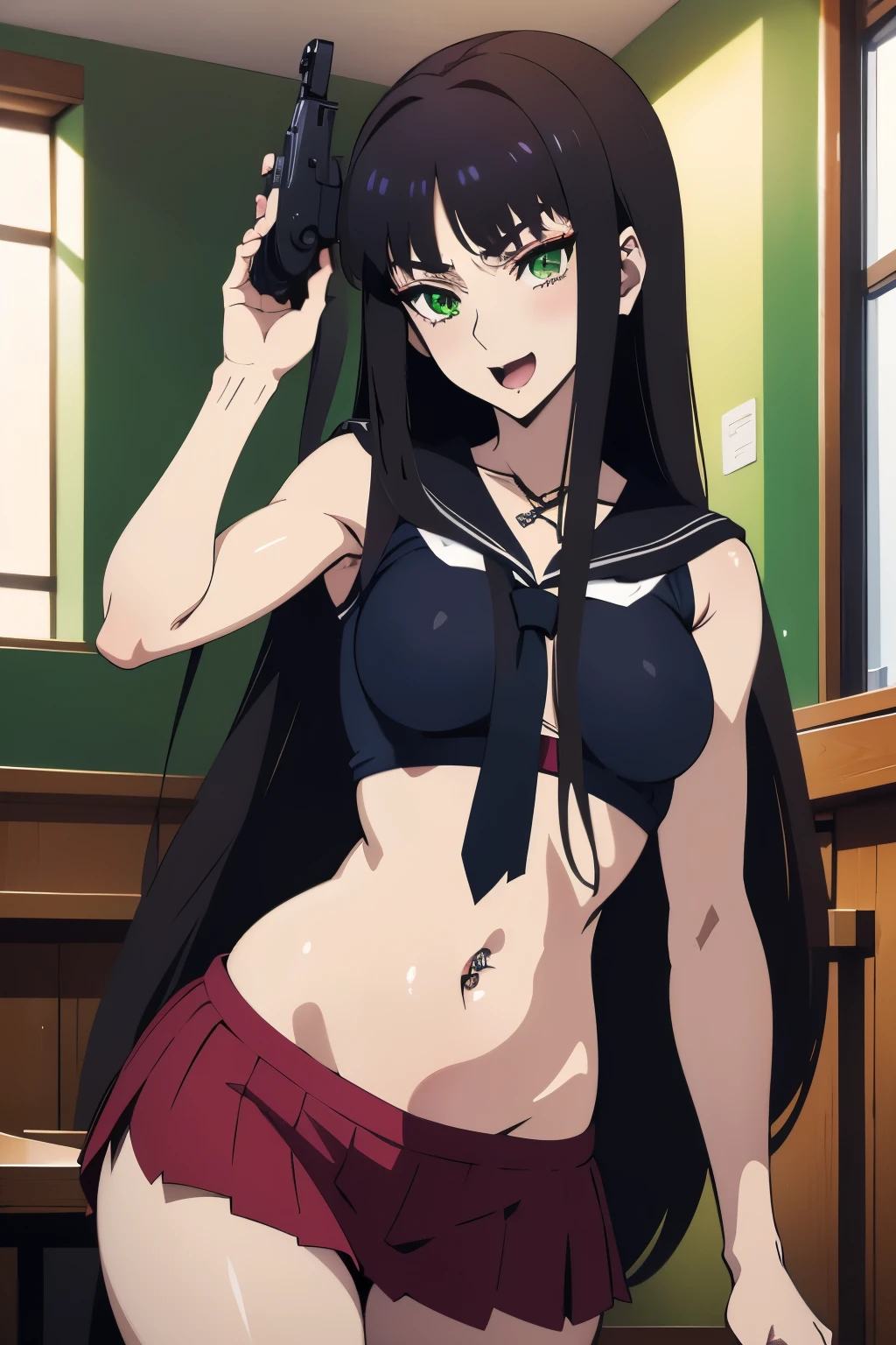 Anime Girl with long black hair and green eyes posing for a picture, (Anime Girl), pretty Anime Girl, Smooth Anime CG Art, iwakura lain, long hair, mature female, makeup, eyelashes, blush, lipstick, Hot girl, baddie, staring, glaring, bad attitude, mean girl, dare, angry, hate, crazy, smoking, sensual, attractive, masterpiece, best quality, highly detailed, a anime girls in sailor uniforms with a gun posing for a picture, evil smile, smile, open mouth,black_serafuku, ecchi anime style, anime girls , (nsfw) not safe for work, ecchi style, ecchi, shipgirls, digital anime art!!, high school girls, holding a gun, hold a gun, anime style 4 k, micro skirt, exposed belly, exposed navel, exposed midriff, exposed lower belly,school, classroom, navel piercing