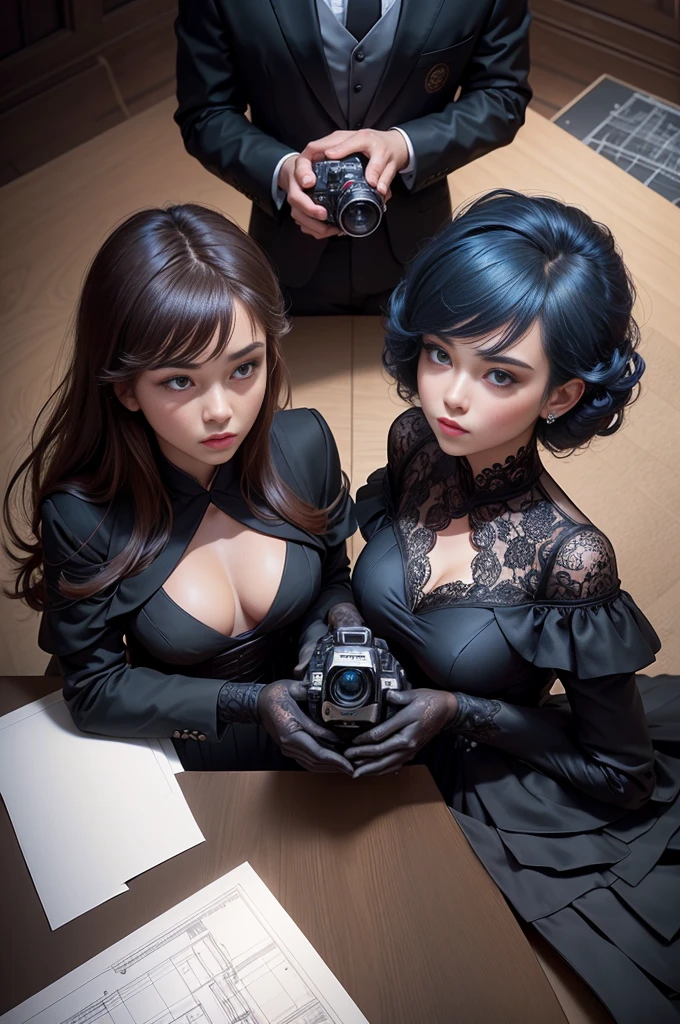 ilustration of a lot of young men wearing black classic suits and women wearing elegant dress working on a table in an office with blueprints, detailed, perfect anatomy, master piece, filmic, colorfull, (((multi cultural))), ((((top view)))), detailed, ((top camera view))