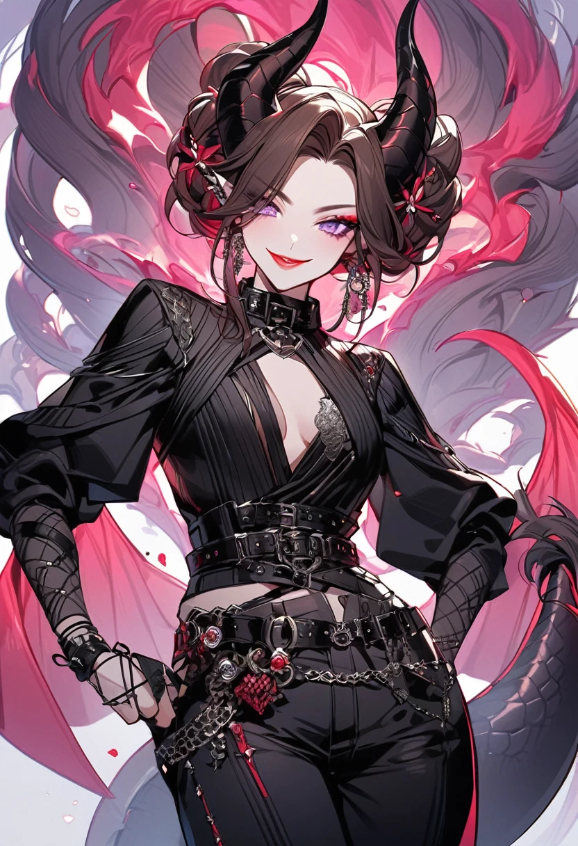Tall woman, cheeky mad smile, brunette, hair gathered in a low bun, red and black clothes with open chest, purple eyes, dragon tail and horns, belts, pants, many details, light lipstick