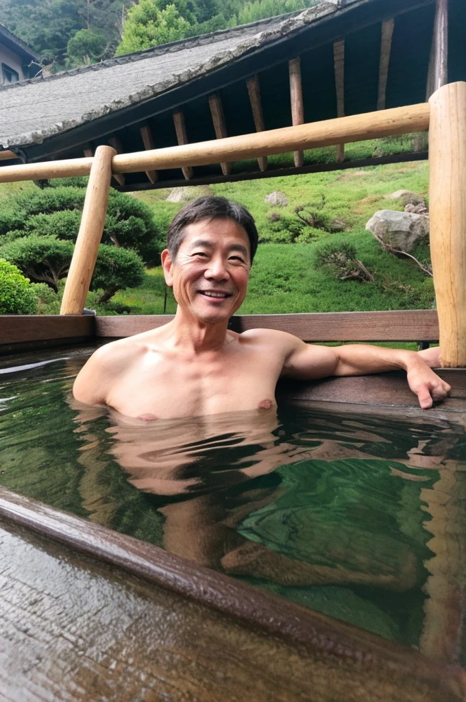 45 years old Japanese male,Normal body type,Open-air bath in the mountains,naked,smile,The penis is clearly visible,Having an erection
