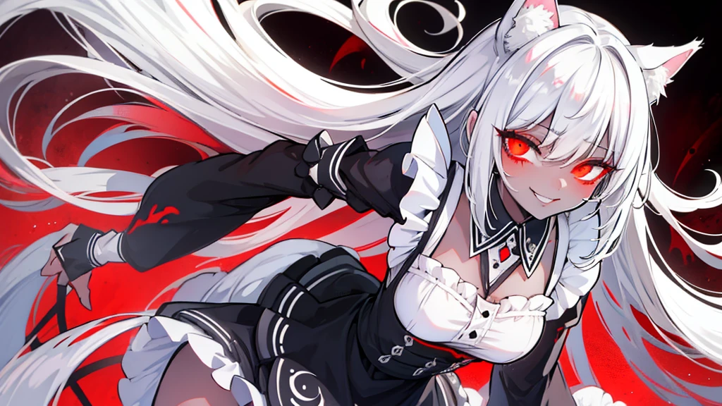 White hair，bit girl，dual horsetail，black-skinned，One eye is covered by bangs，cat ear，the maid outfit，Devilish charm，Sinister smile，Black whites of the eyeagic Array，Black and red background，slope，Cthulhu，Dark