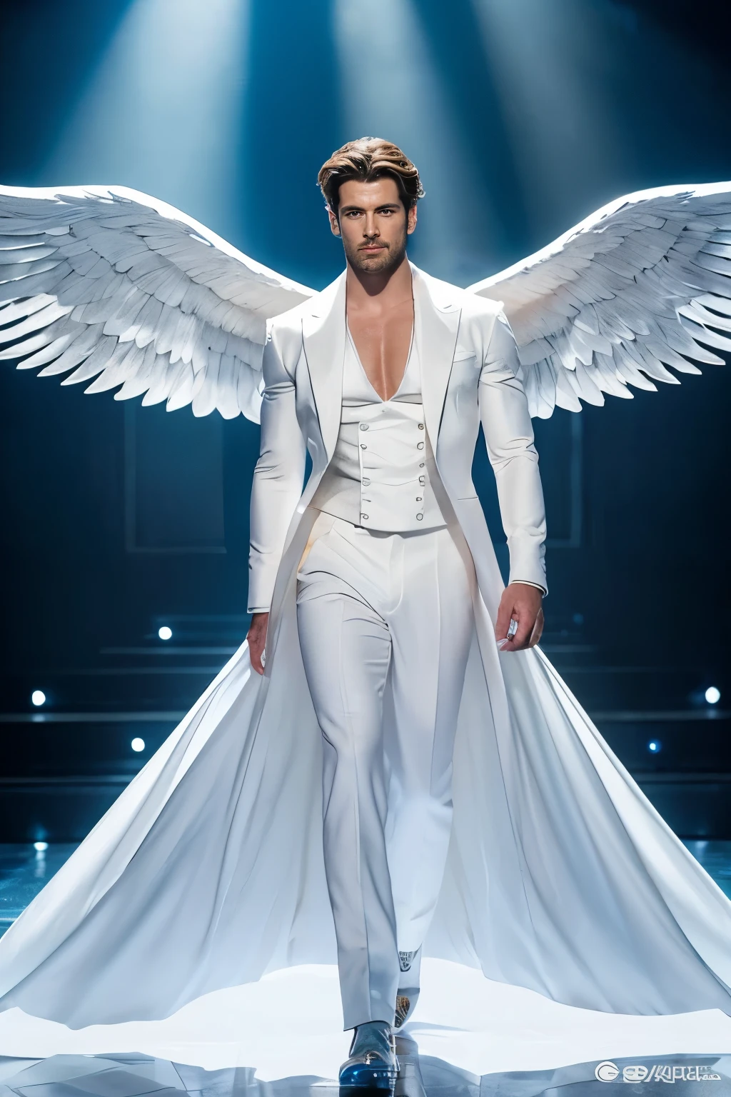 Describir en detalle la figura de un hombre, Archangel with angelic features turned completely to the left. torso denudo, grandes musculos, Como el pelo blanco, largo y liso, Las alas blancas y angelicales en su espalda, as well as its extremely striking beauty, encanto, The elegance and the angelic feeling that emanates from it. Imagine it on a stage with a white background, bathed in a radiant light, and explores how these elements combine to create a captivating, heavenly image.. (Hombre)