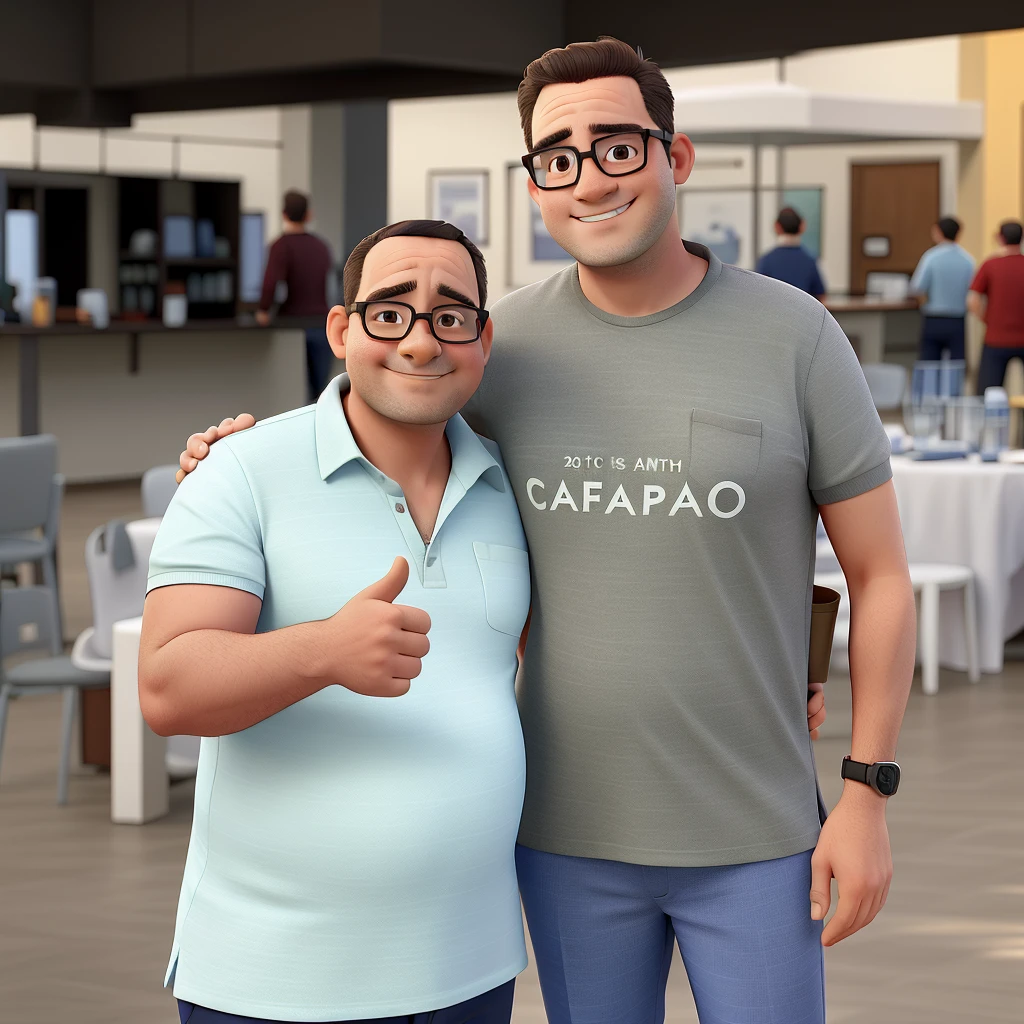 two mens, a short and fat, with polo shirt, with an average of 50 years old wearing square glasses, the other man is a tall, thin young man with an average age of 25 wearing round glasses