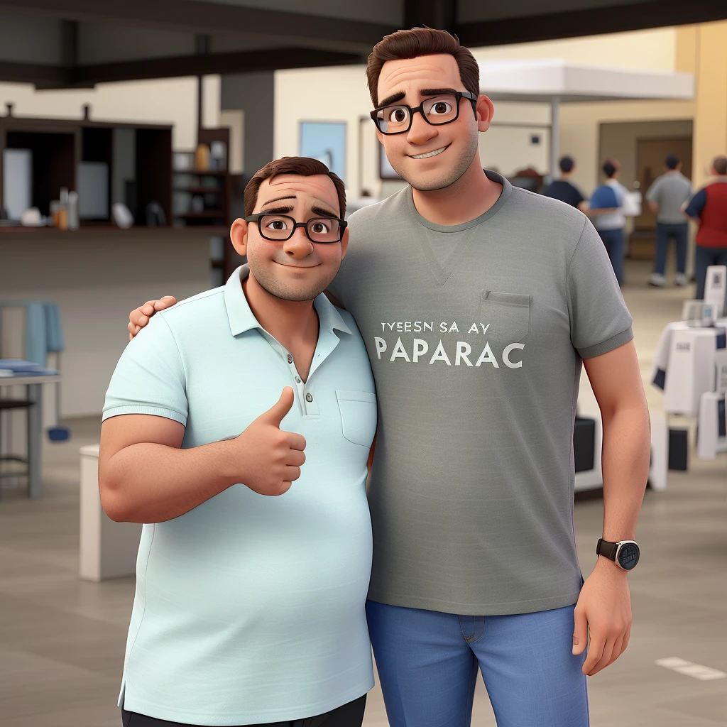 two mens, a short and fat, with polo shirt, with an average of 50 years old wearing square glasses, the other man is a tall, thin young man with an average age of 25 wearing round glasses