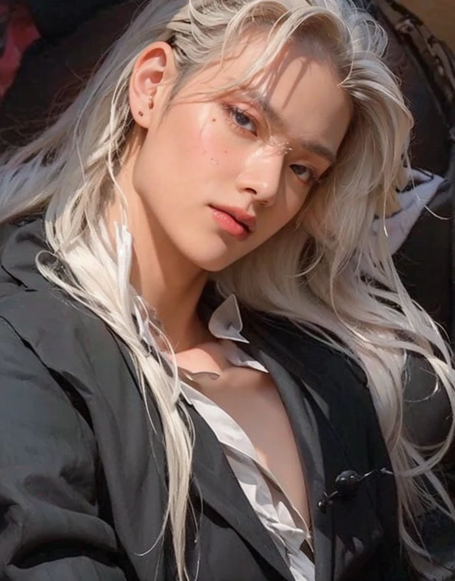 best quality,masterpiece:1.3,16k, (replace only the face with Kim TaeHyung), keep everything else,detailed eyes,detailed lips (hyper realistic), his hand have a bird black, detail fingers, detail his hands. Have eyes blue. (He nails his Asian traits) 