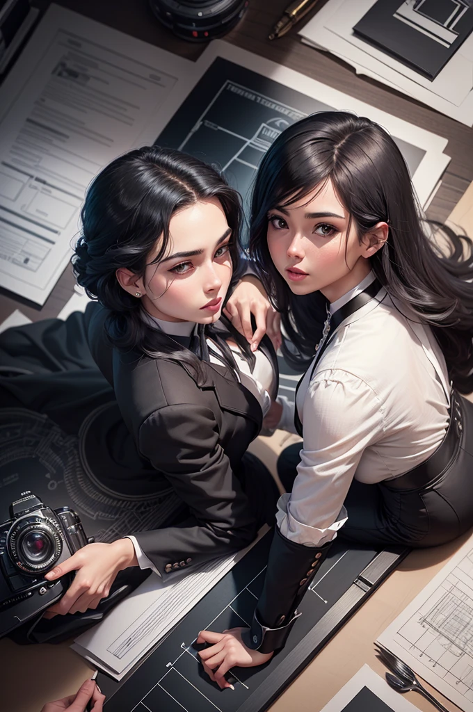 ilustration of a lot of young men wearing black classic suits and women wearing elegant dress working on a table in an office with blueprints, detailed, perfect anatomy, master piece, filmic, colorfull, (((multi cultural))), ((((top view)))), detailed, ((top camera view))