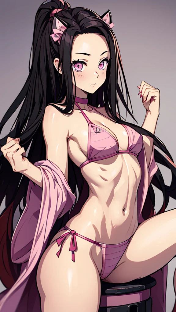 ((masterpiece)), ((best quality)), 1girl, anime girl with long black hair, Pink hair at the end, Pink Big Cat Eyes, , Small, Extremely Detailed eyes, Extremely Detailed Stomach, Abs, Wearing Bikini, Nezuko From Demon slayer, Nezuko