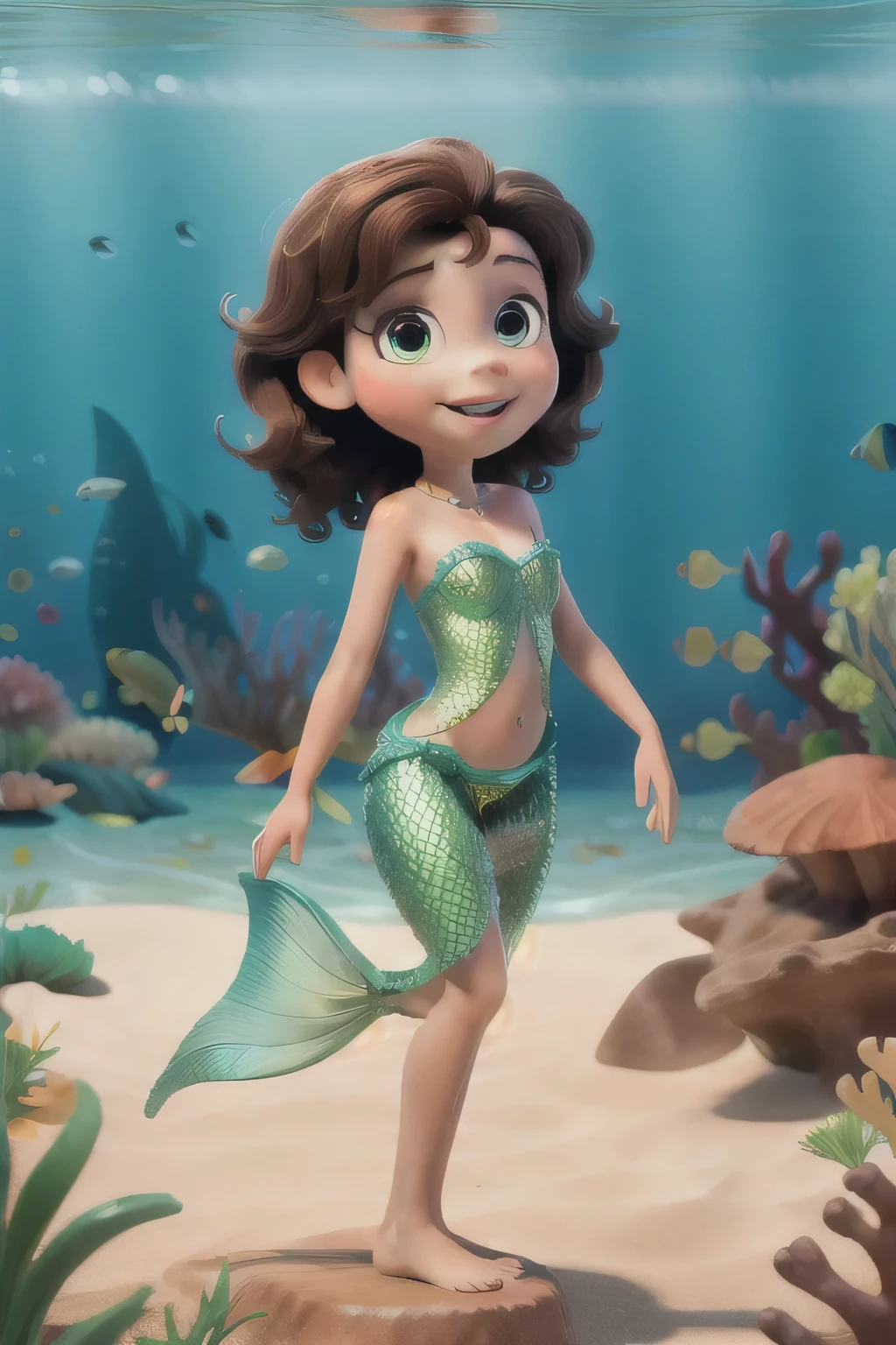 work of art, best qualityer, 6 year old , Brazilian, with medium brown hair, dressed as if she were a mermaid at the bottom of the sea, disney pixar model image