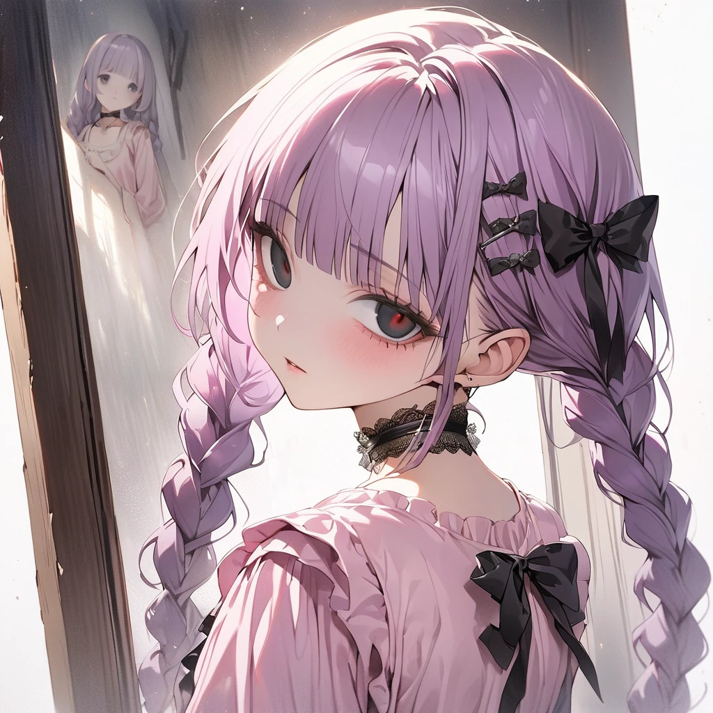masterpiece, ultra detailed, 8K, full body shot,, a girl, kawaii, light atmosphere, (Cute a girl:1.5), (a girl with closs hair pin, pale purple hair, wavy two braids, blunt bangs hair, green and black eyes empty eyes, yandere, closs hair pin,
pink shirt,cosplay, jirai kei, bangs, black skirt, black bow, looking at viewer, bow, long sleeves, choker, ribbon,portrait shotportrait:1.4), anime visual, (tilt head:1.3), extremely delicate face, realistic lighting and shading, (an extremely delicate and beautiful art:1.3),rough toutch drawing,Watercolor painting, a girl, Slender girl with small breasts,from back,
