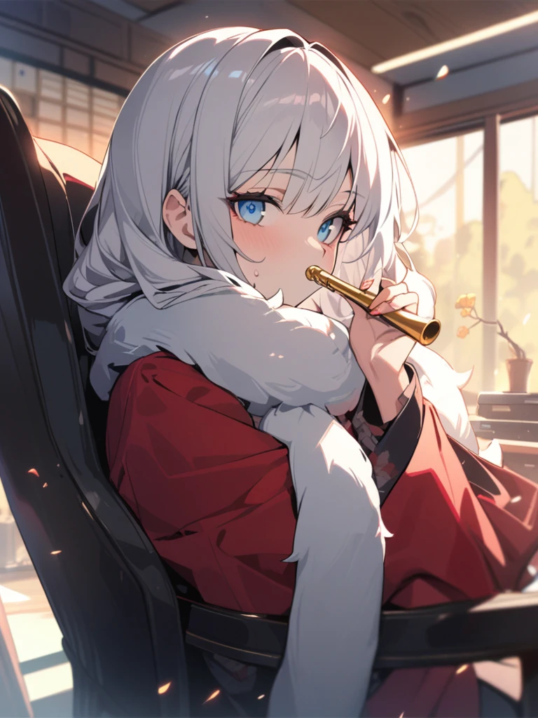 Pretty plush woman, older, mature, Powerful Aura, masterpiece, very Long white hair, red at end of hair, Blue eyes, Wearing beautiful Japanese white and red robes, fur scarf wrapped around arms, Sitting in chair holding golden pipe, tattoos on her hands, well endowed, Beautiful fantasy office, Looking at camera, Headshot, leaning back in her chair, warm yellow lighting