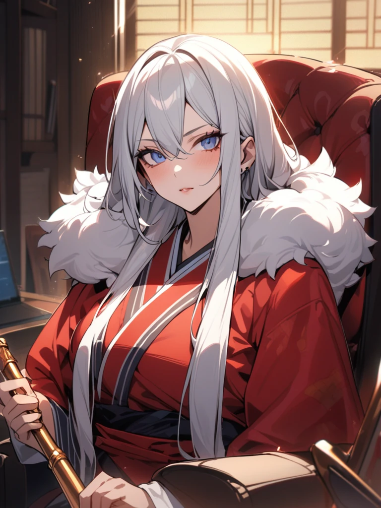 Pretty plush woman, older, mature, Powerful Aura, masterpiece, very Long white hair, red at end of hair, Blue eyes, Wearing beautiful Japanese white and red robes, fur scarf wrapped around arms, Sitting in chair holding golden pipe, tattoos on her hands, well endowed, Beautiful fantasy office, Looking at camera, Headshot, leaning back in her chair, warm yellow lighting