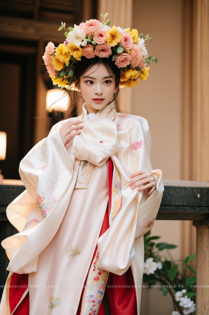 A young woman, detailed face, elegant traditional Asian attire, long straight black hair with slight wave, elaborate colorful floral headdress with pink, yellow, white, and purple flowers, large and full headdress covering top of head and framing face beautifully, traditional pink and white embroidered gown, (best quality,4k,8k,highres,masterpiece:1.2),ultra-detailed,(realistic,photorealistic,photo-realistic:1.37),intricate details,highly ornate,cinematic lighting,warm color tones,cinematic dramatic lighting