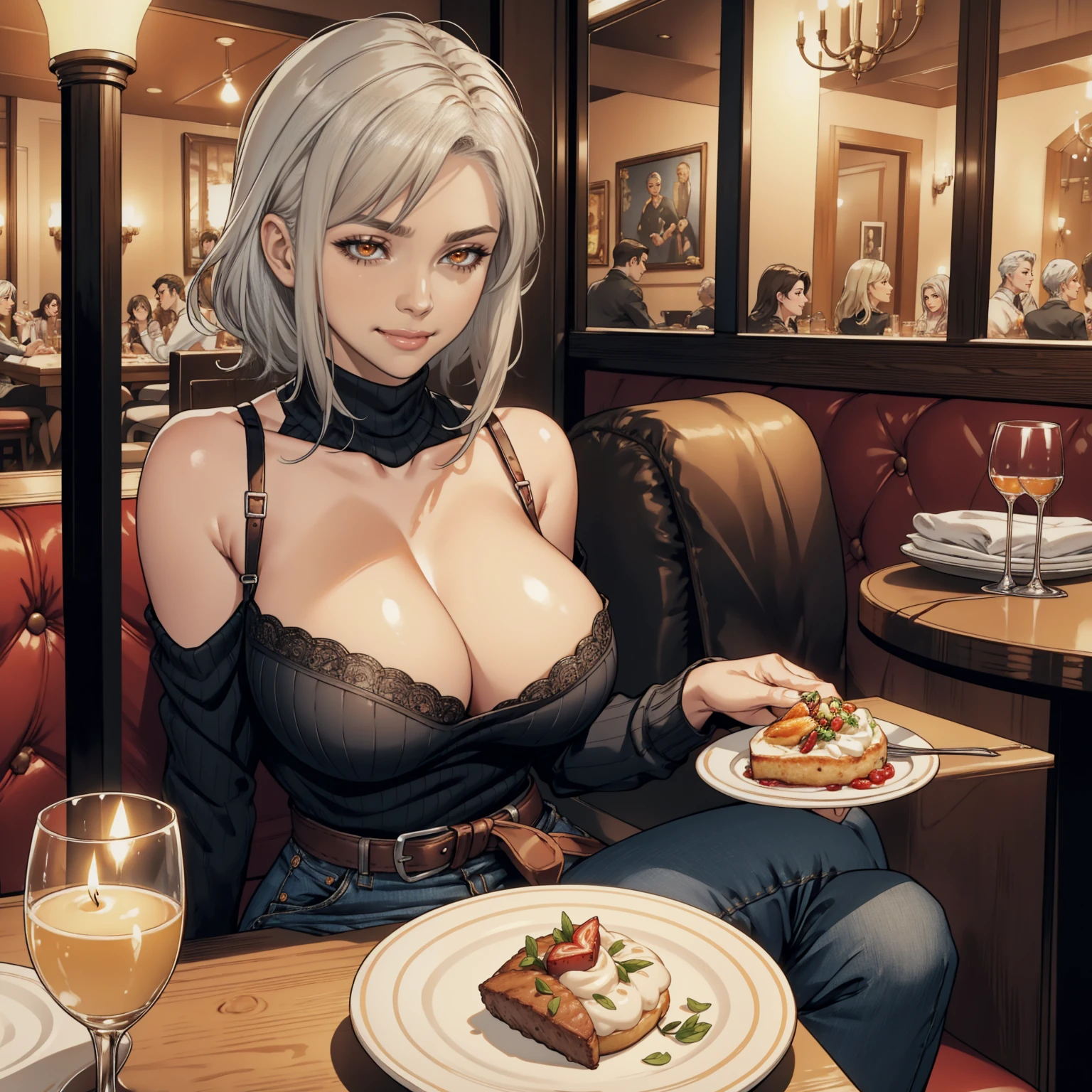 Masterpiece, Professional, High Definition - quality, sharp focus, perfect artwork, Best Illustration, trending on artstation, UHD, 4k, full body, NSFW
Milfs, a one woman, breasts big, gigantic breastss, Breasts huge, Mature female, heavy breasts, short hair, (silver-haired), light-skinned female, orange eyes, big-ass, Curvilinear waist, breasts resting on the table, with chin resting on hand, shoulders resting on the table, , Looking at Viewer, bra edges on sweater, sensual cleavage, full breasts, breasts larger than the head, mature face, curvy female, thick-thighs, voluptuous female, black belt, delicate gloves, bra strap appearing, soft tits, female focus, Mom's breasts, mommy, charming countenance, Imposing female, high waisted jeans, cloth sweater, teasing with your breasts, sitting on a restaurant chair, a date, First-person view, in front of the suitor, Silly smile, hearts over the head, plates with food on the table, candle lighting, in an elegant restaurant, glass of wine on the side, sitting in front of the viewer, (sitting at a table in a restaurant), upper body shot, partially visible body, crowded restaurant in the background, in the nighttime, Romantic mood, silver-haired