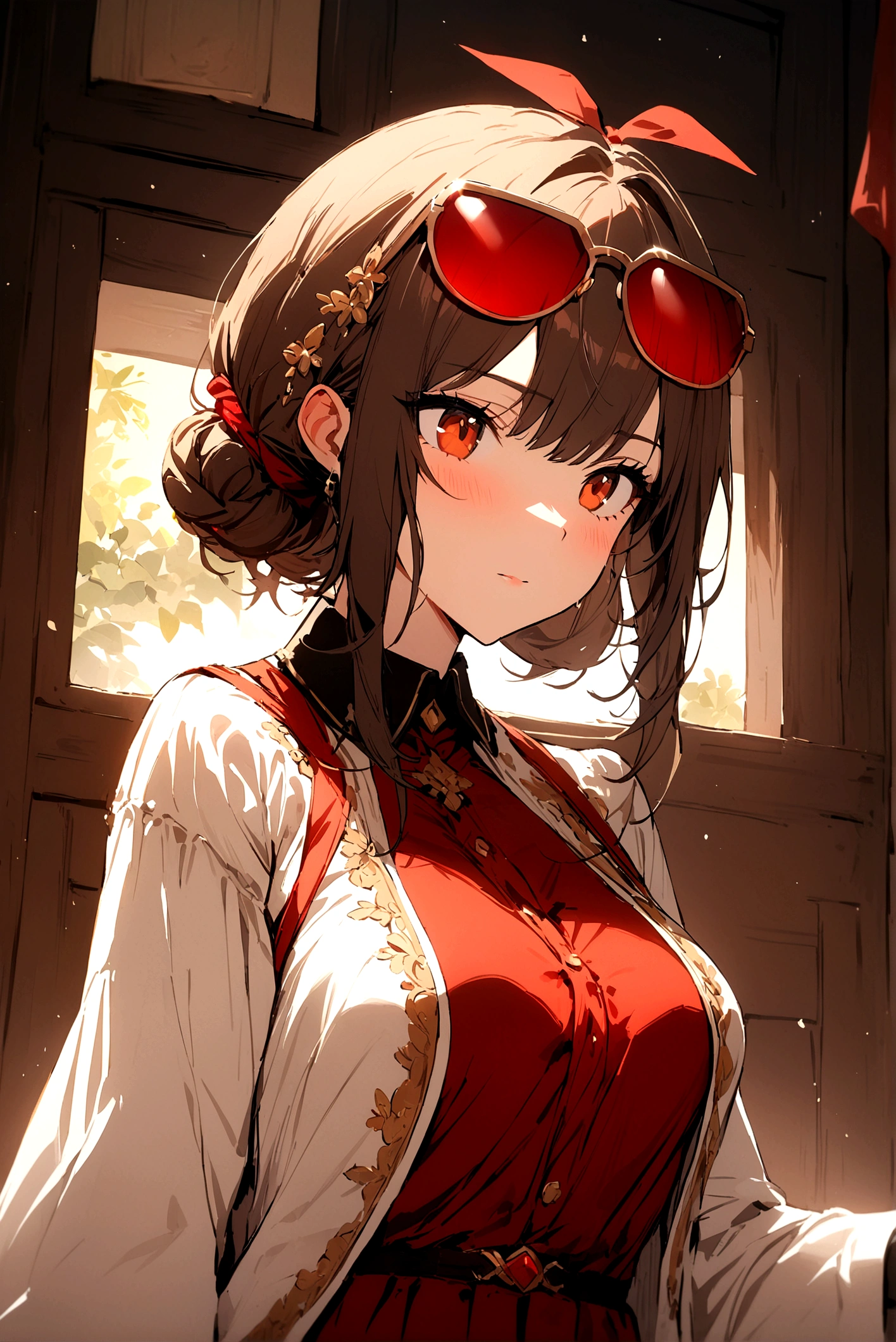 masterpiece, best_quality, 1girl, solo, gumi, , red eyewear on head,