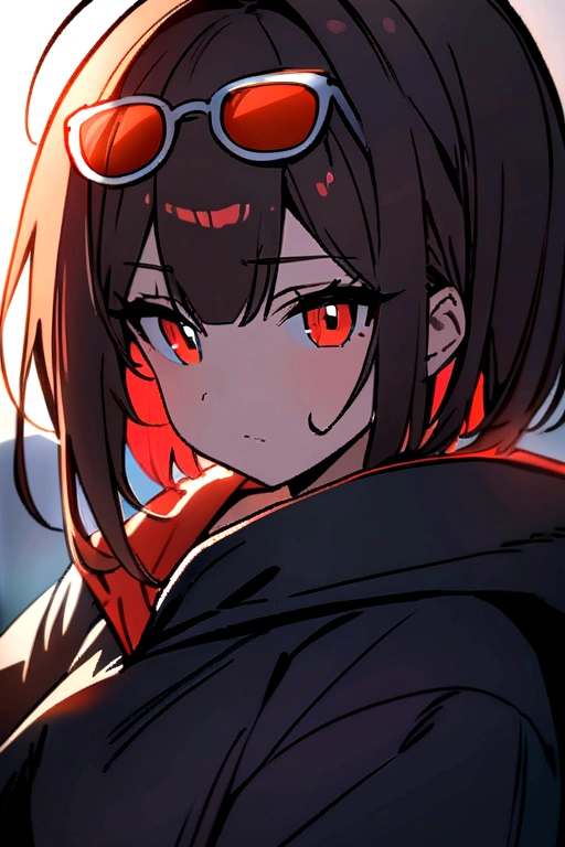 masterpiece, best_quality, 1girl, solo, gumi, , red eyewear on head,