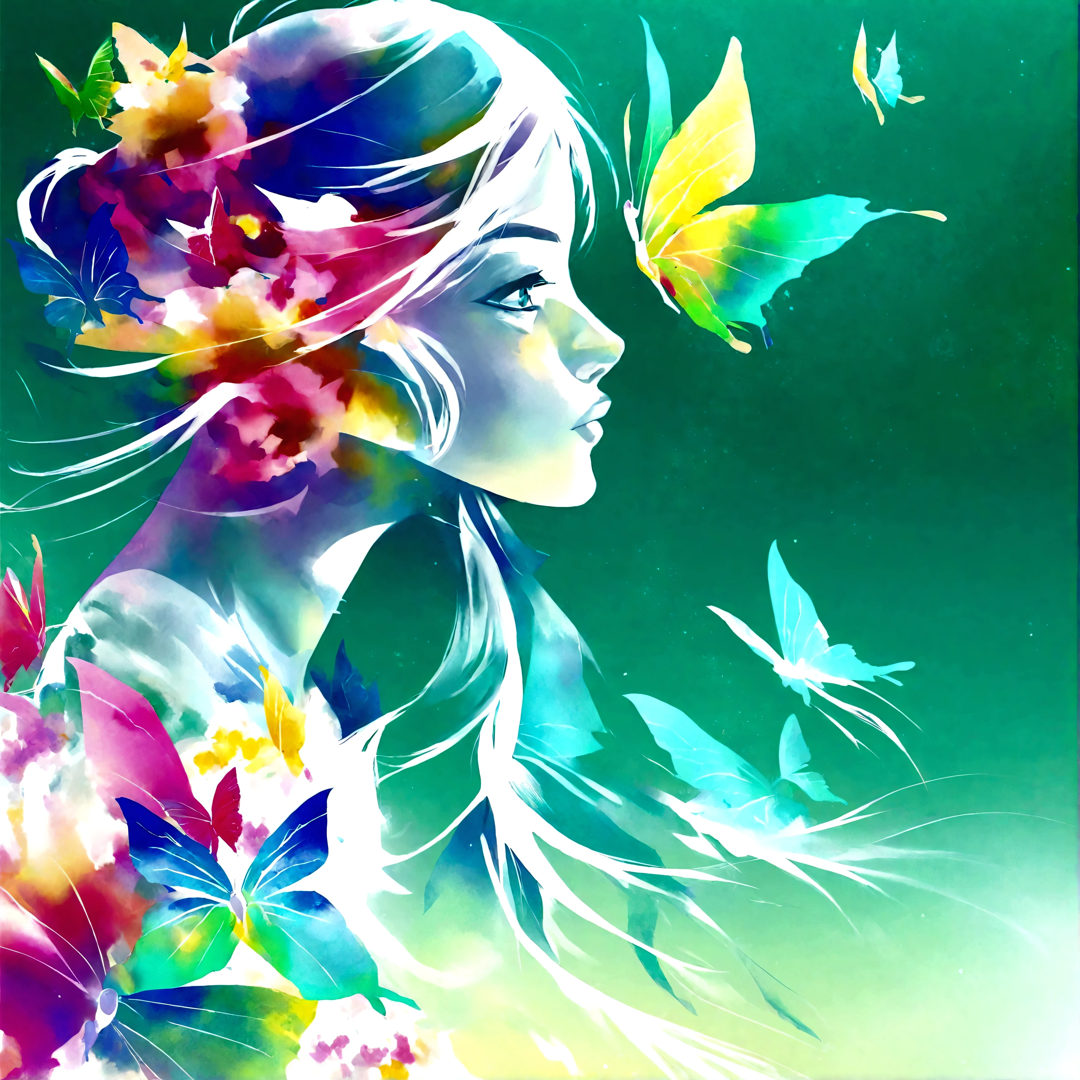 A masterpiece of vector graphics,
Best quality and high resolution, chaos, elegant, Vivid colors, Atmospheric, profile picture of a girl , elegant, butterflies, blooming flowers, Moving, dramatic, Full body, organic composition, aquarell