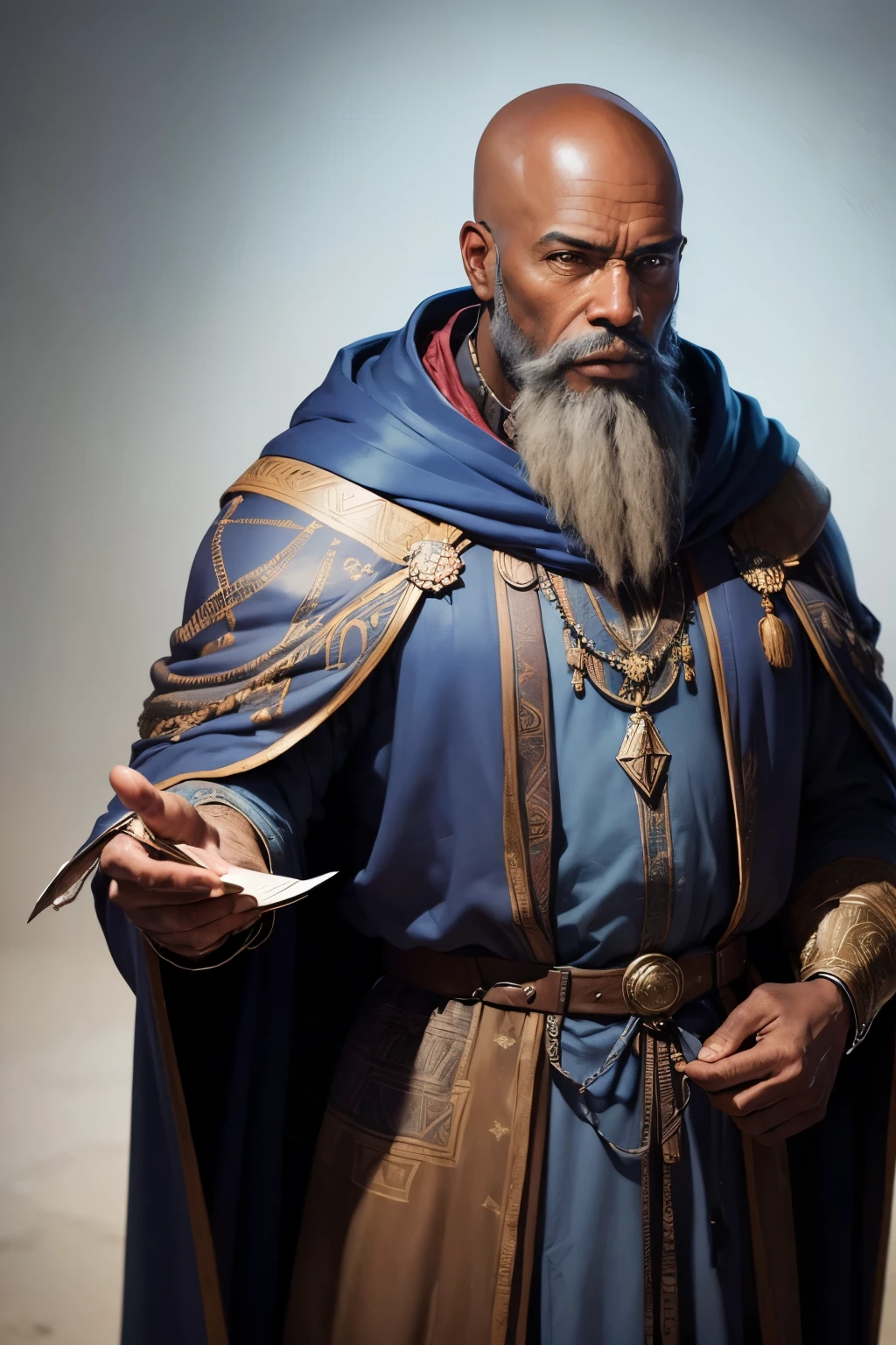 ((best qualityer)),((work of art by)),(detailded) 1 African American man, 50 years old,long brown beard,baldie,blue medieval wizard cloak(worn cloak) clear lighting,detailed shadows