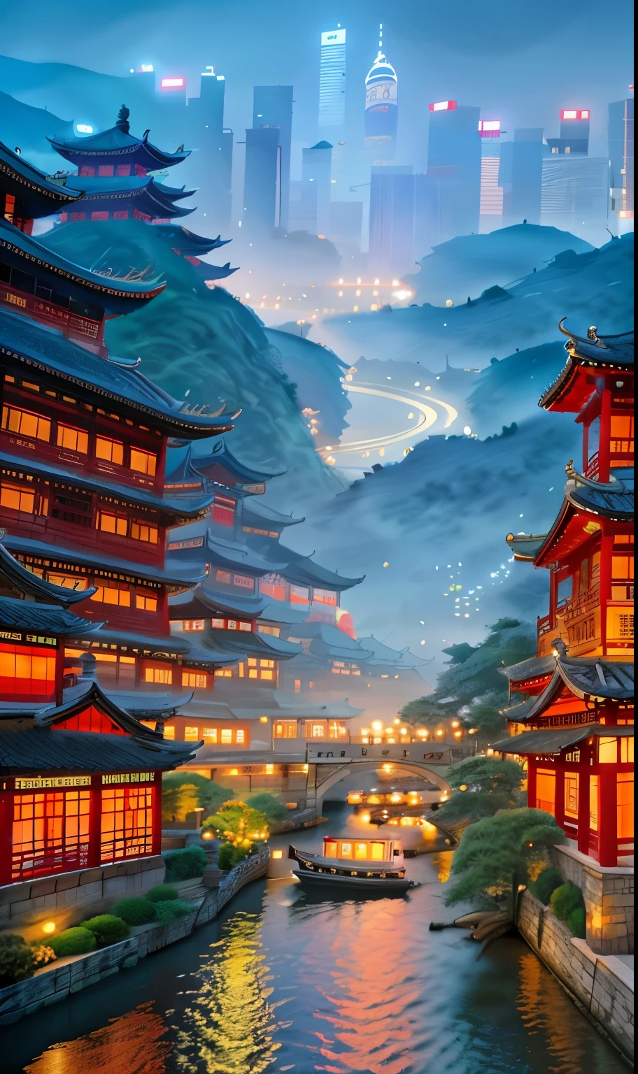 Asian architecture in the city with boats passing by at night, dreamy chinese village, river in between, Asian Hylas and nymphs on the river, a little more erotic