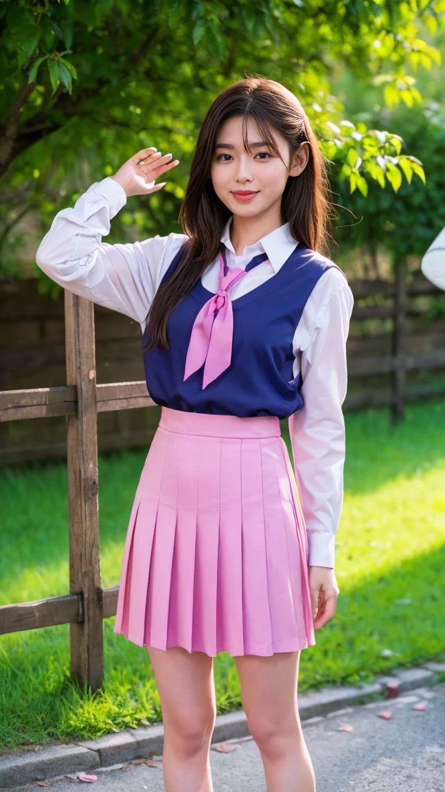 ((((detailed explanation)))),(((masterpiece、Highest quality、Very detailed:1.42、Focus on the eyes)))、Japanese high school girl posing in the schoolyard in the evening。She is wearing a white shirt and a navy blue pleated skirt.、wearing a red ribbon tie。The shirt is clean、Well ironed。Shirt sleeves rolled up slightly to the elbows、A simple silver bracelet shines on her wrist.。The skirt of the uniform is above the knee、The pleats on the skirt are neatly arranged。

The model has naturally straight, shoulder-length black hair.、Bangs should be slightly over the eyebrows。Her hair is bathed in the sunlight、Soft and shining。His face is well-formed.、大きな瞳はShe has a pure and bright expression.。Her skin is translucently white、The slightly reddish cheeks give a healthy impression.。唇は自然なpink色で、When you smile, small dimples appear。

In the background is a large schoolyard.、You can see some rusty iron bars and playground equipment.。The sky is dyed with the sunset、orange、pink、The purple gradation spreads beautifully.。There is a large cherry blossom tree behind the model.、The leaves are swaying in the wind。There are some weeds growing at my feet.、Gives a sense of reality。

The lighting is soft and natural, gently enveloping the model.、Warm hues illuminate her face and uniform.。She has a natural smile、Her left hand is lightly lifting the edge of her skirt。The right hand is placed on the hip、The pose is relaxed yet somewhat confident.。Her eyes are on the camera、She has a pure and bright expression.。

Overall、A fusion of the freshness of youth and the calm atmosphere of the evening.、The aim is to create an elegant yet approachable photographic image.。
