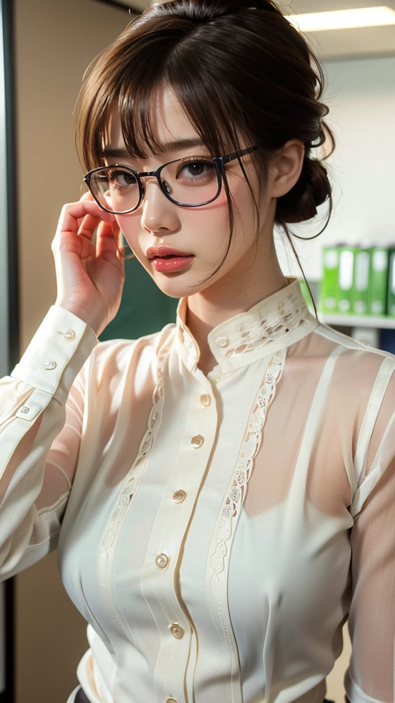 1woman,(random office lady fashion:1.5),(Thin type),(large breasts),(random pose),(random hairstyle),(Highest image quality,(8K), Ultra-realistic, Best Quality, High quality, High Definition, high quality texture, high detailing, Beautiful detailed, fine detailed, extremely details CG, Detailed texture, realistic representation of face, masterpiece, presence),(wearing glasses:1.2)