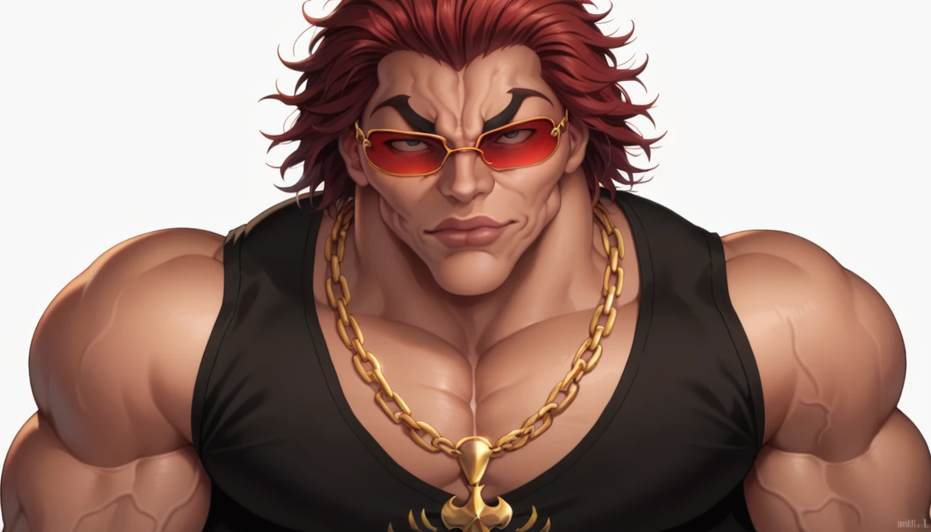 score_9, score_8_up, score_7_up, YujiroHanma, 1boy, male focus, solo, black shirt, many chain necklaces, gold, sunglasses, red-tinted eyewear, muscular male, red hair, manly, veins, dynamic lighting, extremely detailed, portrait, lips very veiny, glare, white background