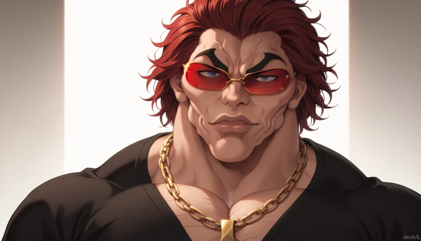 score_9, score_8_up, score_7_up, YujiroHanma, 1boy, male focus, solo, black shirt, many chain necklaces, gold, sunglasses, red-tinted eyewear, muscular male, red hair, manly, veins, dynamic lighting, extremely detailed, portrait, lips very veiny, glare, white background