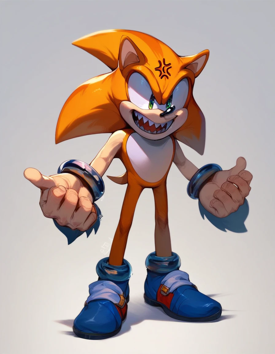 scorched, solo, open mouth, simple background, 1boy, white background, standing, full body, male focus, teeth, no humans, sharp teeth, anger vein, sonic the hedgehog