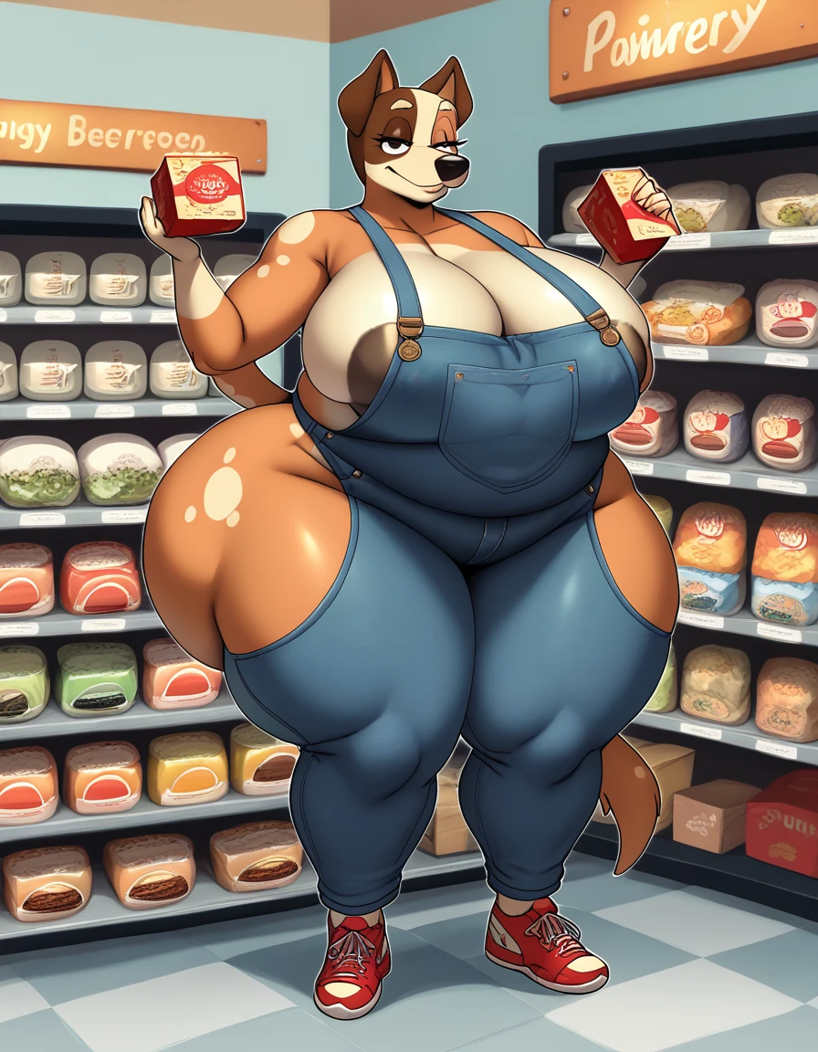 chilliheeler, eye spot, furry female, anthro, huge thighs, huge hips, huge ass, huge breasts, detailed background, obese, realistic,  detailed face, S2Z0n1c21.5XL style, , facing viewer, front view, australian cattle dog, toony, orange fur, standing, at grocery store, holding a box of trix, leaning back, denim overalls, sneakers, deep navel, BREAK realistic denim, textured denim, puffy areola, huge areola, side boob, cleavage, cleavage overflow, areola slip, tall