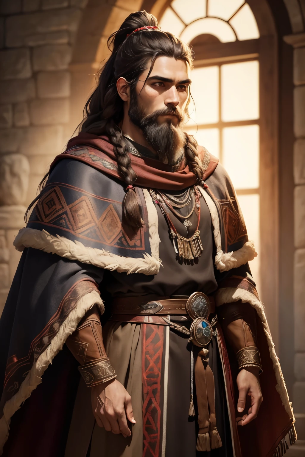 ((best qualityer)),((work of art)),(detailded) 1 Aztec Inca Mayan msya man aged 25,long brown beard,long brown hair,ponytail hair medieval noble cloak gray(worn cloak) clear lighting,detailed shadows