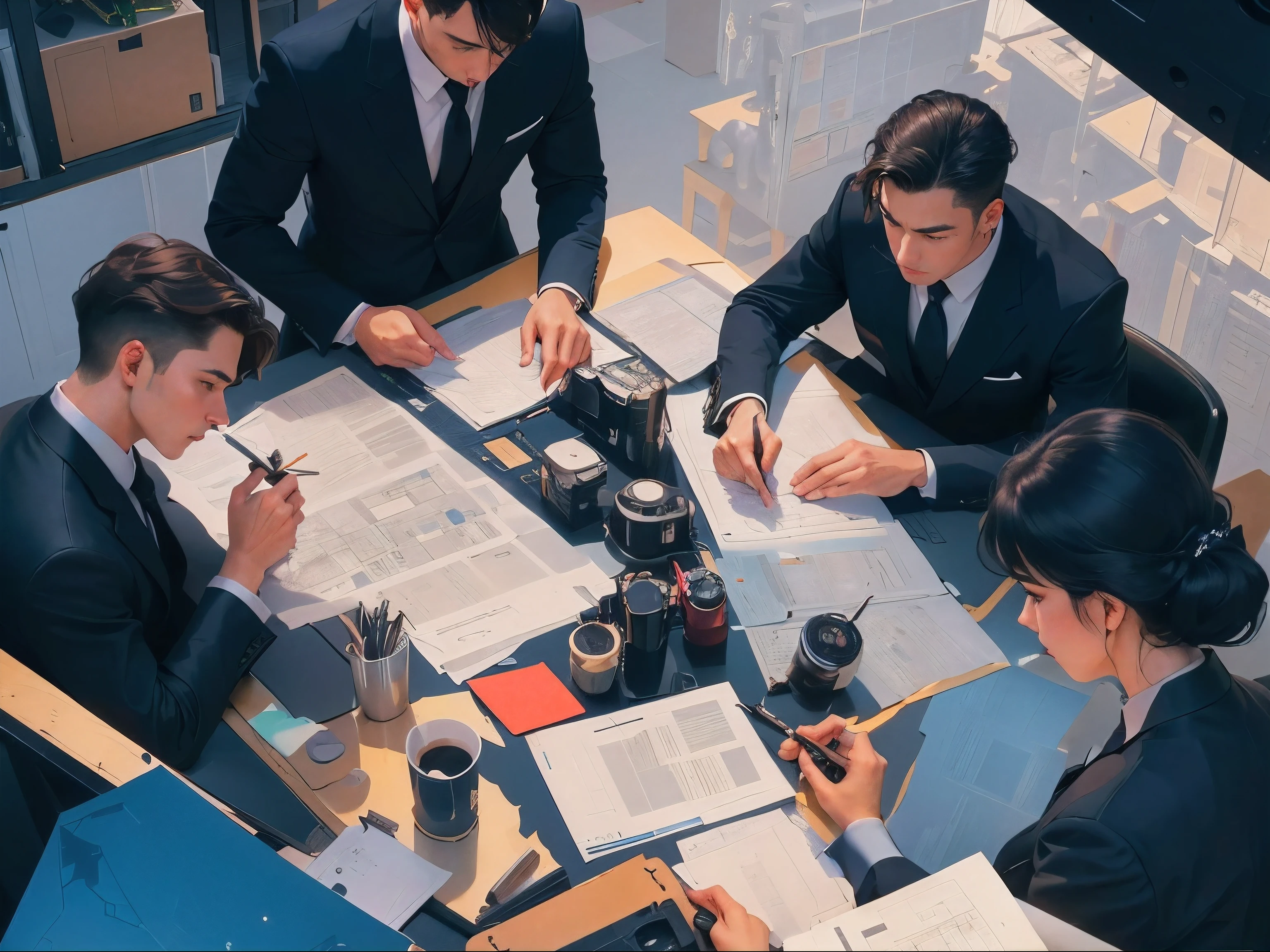 ilustration of a lot of young men wearing black classic suits and women wearing elegant dress working on a table in an office with blueprints, detailed, perfect anatomy, master piece, filmic, colorfull, (((multi cultural))), ((((top view)))), detailed, ((top camera view))
