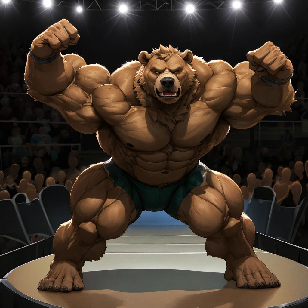 a huge muscular grizzly bear, bodybuilding competition, posing on stage, extremely detailed, photorealistic, 8k, award winning, cinematic lighting, dramatic pose, powerful muscles, rippling fur, intense expression, competitive briefs swim trunks, stage, audience, judges, dramatic background