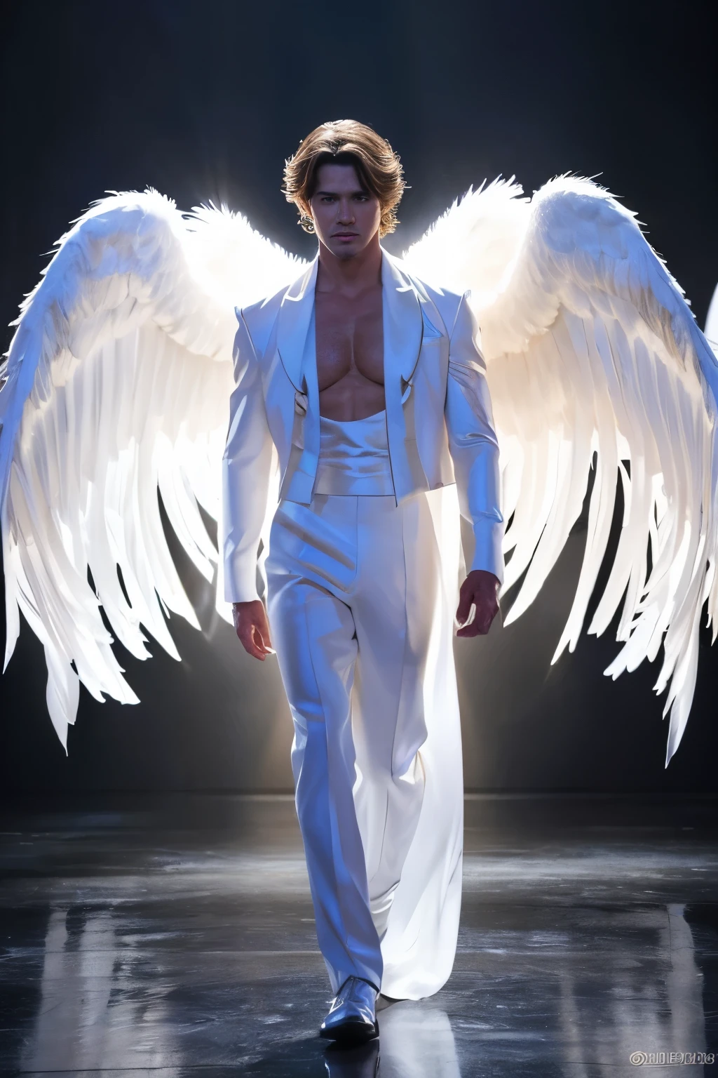 Describir en detalle la figura de un hombre, Archangel with angelic features turned completely to the left. torso denudo, grandes musculos, Como el pelo blanco, largo y liso, Las alas blancas y angelicales en su espalda, as well as its extremely striking beauty, encanto, The elegance and the angelic feeling that emanates from it. Imagine it on a stage with a white background, bathed in a radiant light, and explores how these elements combine to create a captivating, heavenly image.. (Hombre)
