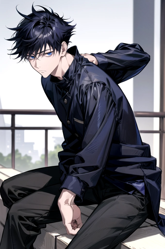 (absurdres, highres, ultra detailed, HDR), masterpiece, best quality, megumi fushiguro, 1man, solo, handsome, short hair, black hair, blue eyes, closed mouth, black jacket, high collar, black pants, sitting, japanese style, house, from side, look at viewer