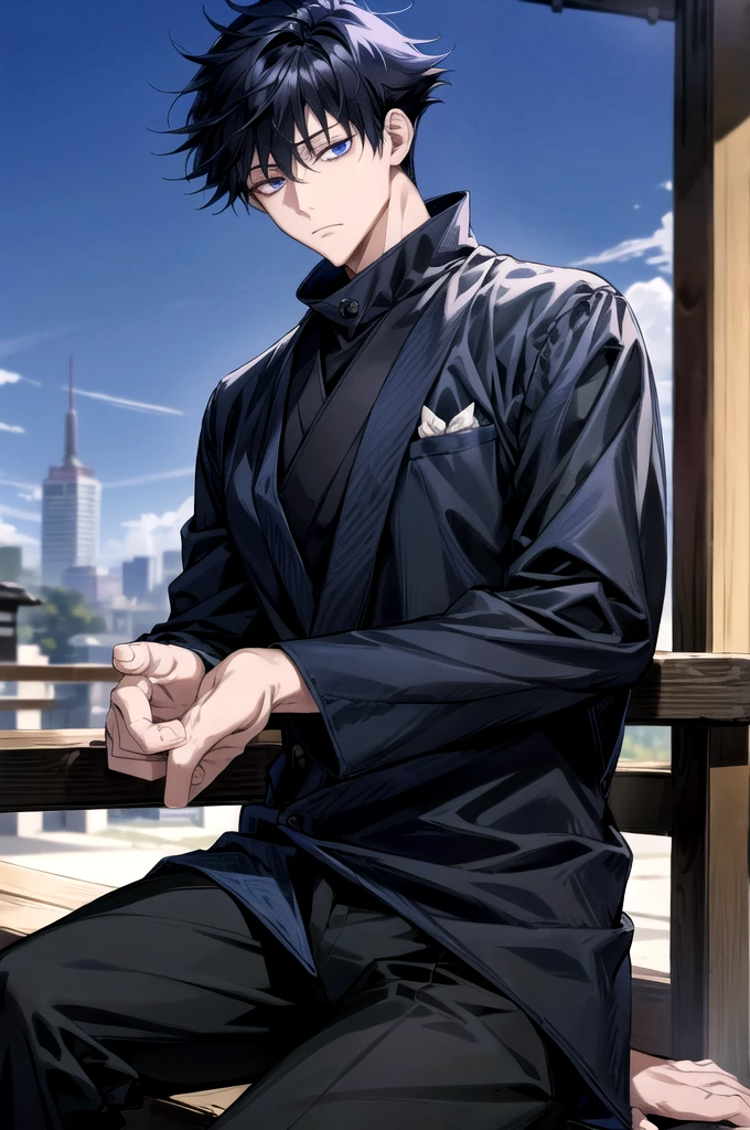 (absurdres, highres, ultra detailed, HDR), masterpiece, best quality, megumi fushiguro, 1man, solo, handsome, short hair, black hair, blue eyes, closed mouth, black jacket, high collar, black pants, sitting, japanese style, house, from side, look at viewer
