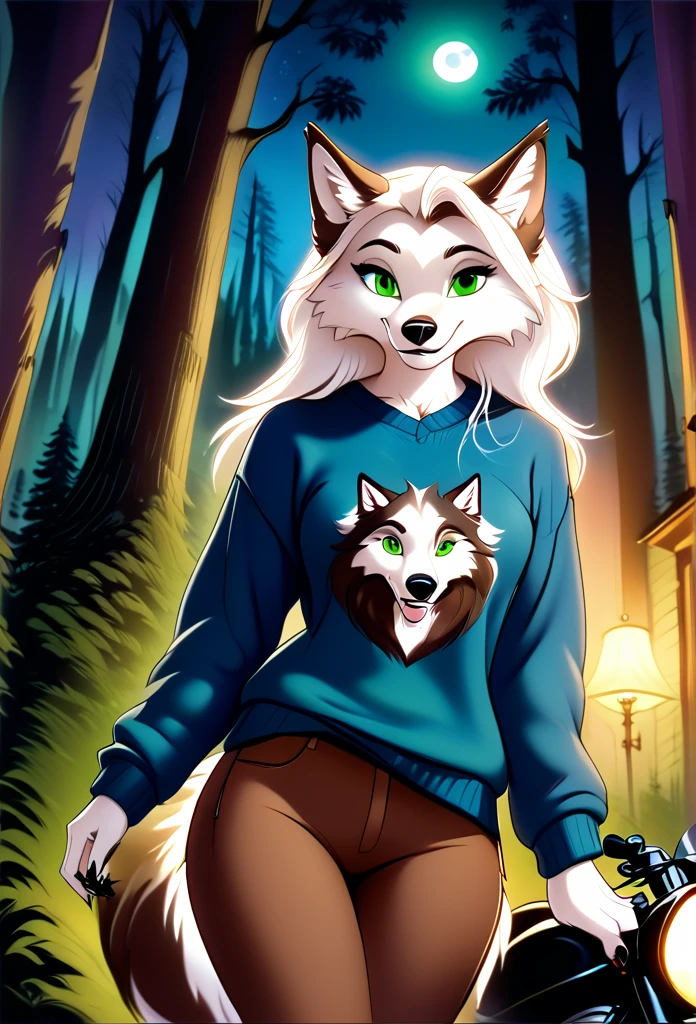 detailed illustration, dynamic angle, ultra-detailed, illustration, 1girl, blue sweater, wolf, white wolfkin, green eyes, standing in woods, disney style, evil grin, cartoon, leaning on a motorcycle, night, bedroom eyes, long brown hair